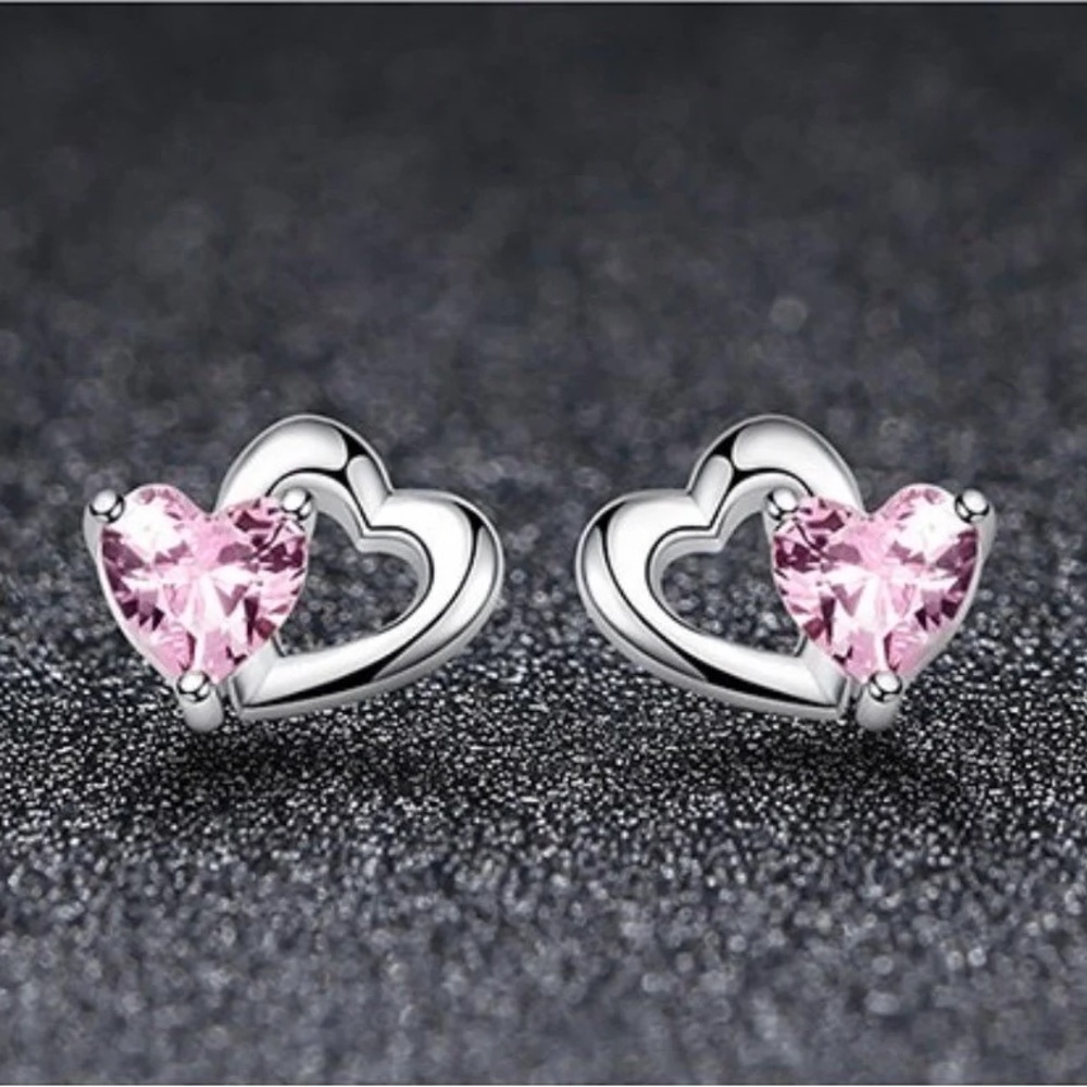 925 Sterling Silver Double Heart to Heart Pink CZ Stud Earrings for Women